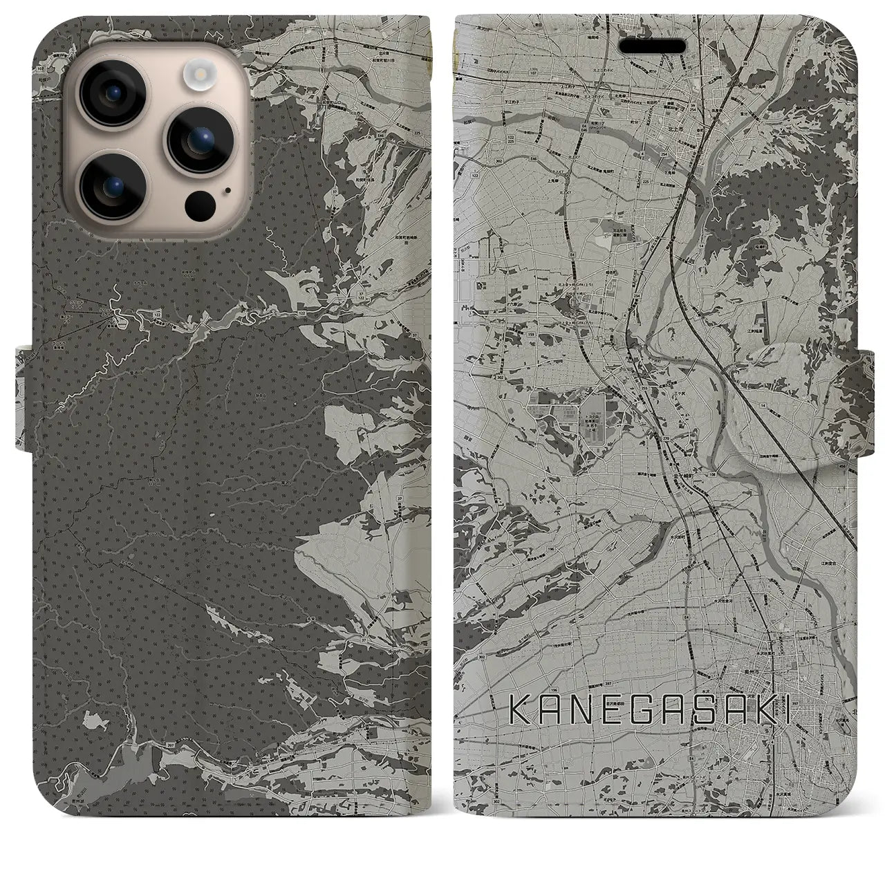 【金ケ崎(岩手県)】地図柄iPhoneケース(手帳タイプ)モノトーン・iPhone 16 Plus 用