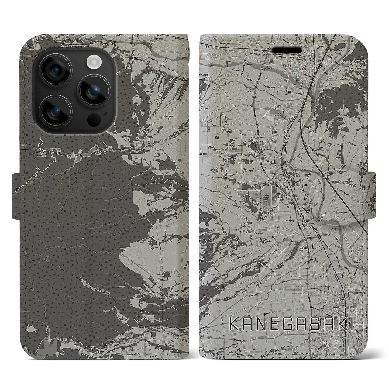 【金ケ崎(岩手県)】地図柄iPhoneケース(手帳タイプ)モノトーン・iPhone 16 用