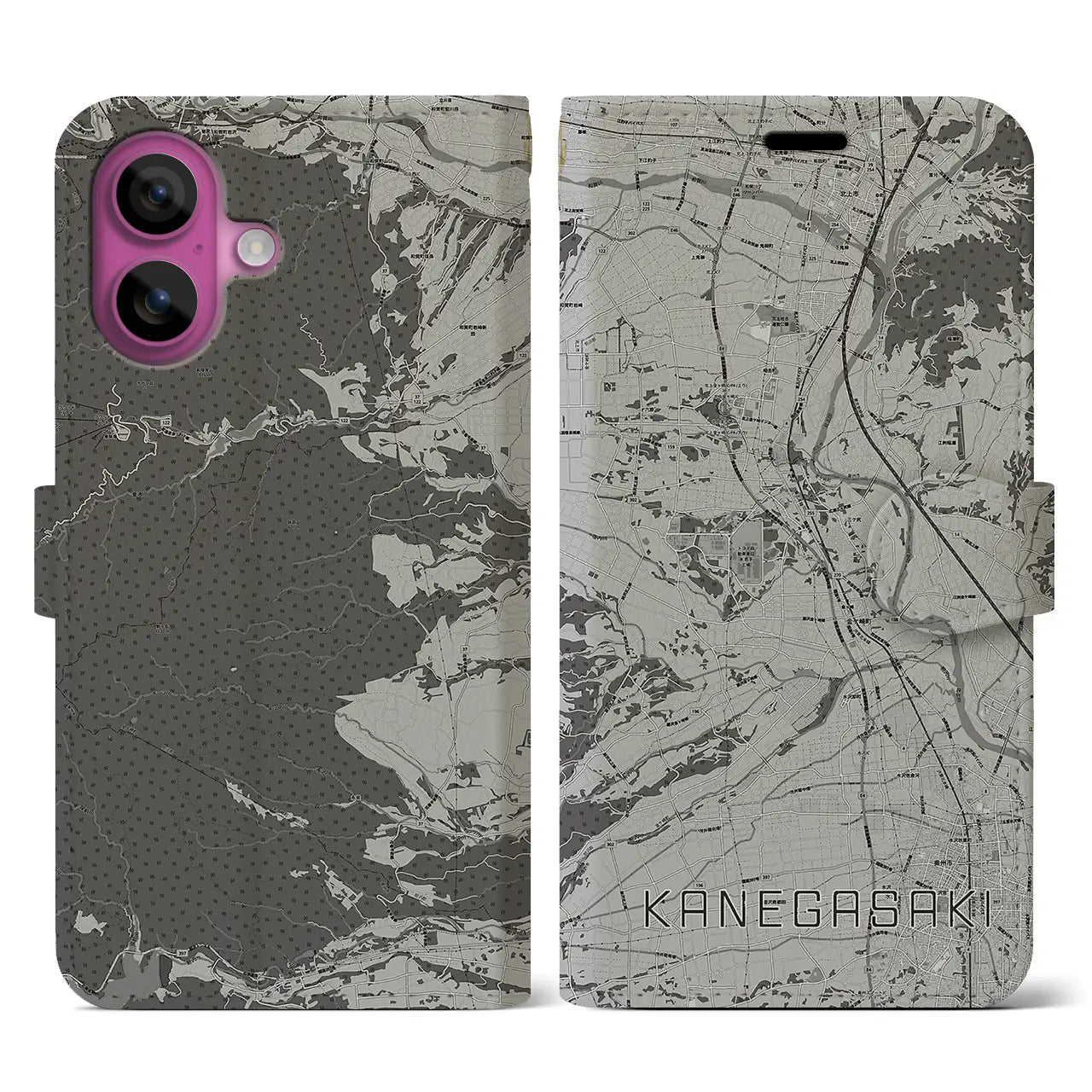 【金ケ崎(岩手県)】地図柄iPhoneケース(手帳タイプ)モノトーン・iPhone 16 Pro 用