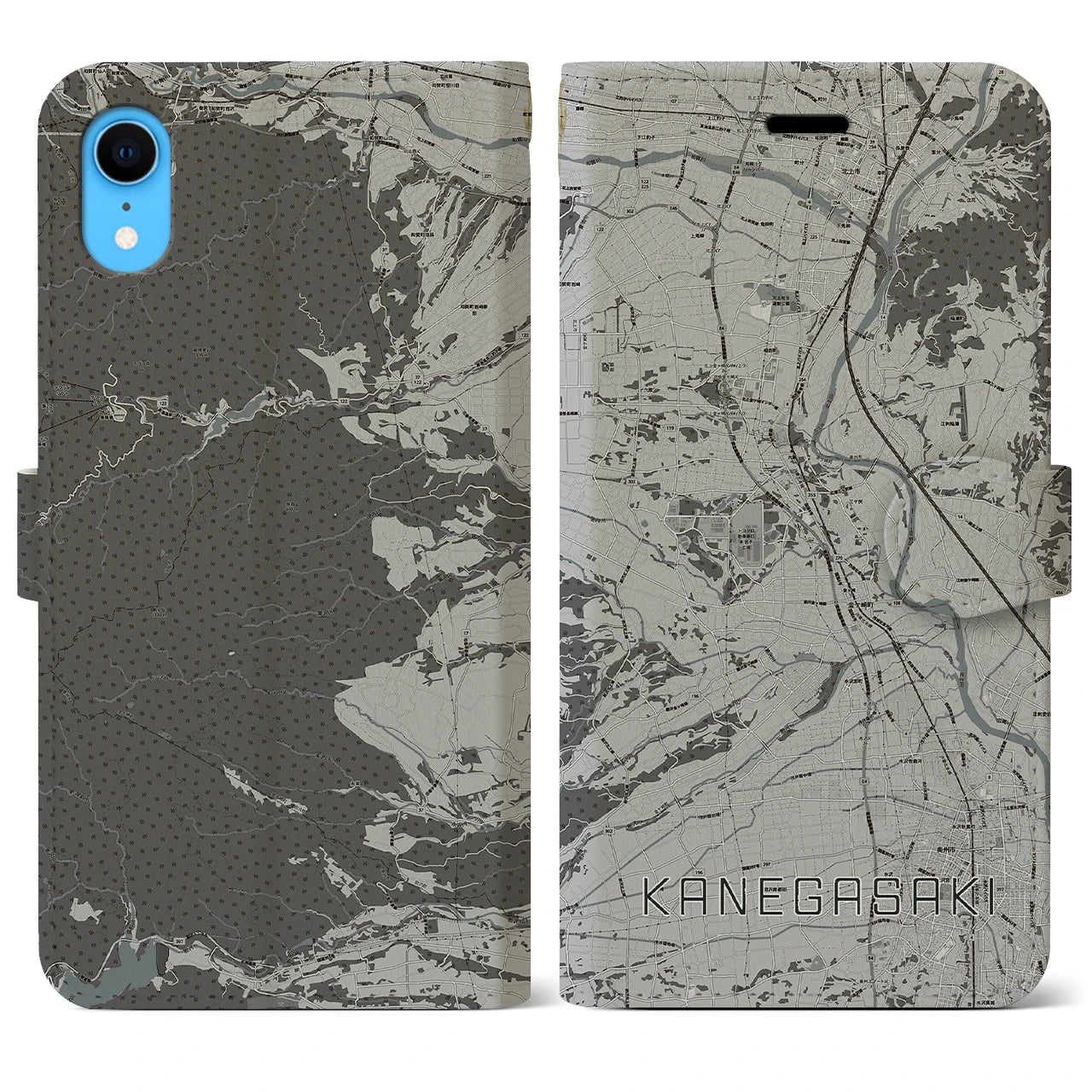 【金ケ崎(岩手県)】地図柄iPhoneケース(手帳タイプ)モノトーン・iPhone XR 用