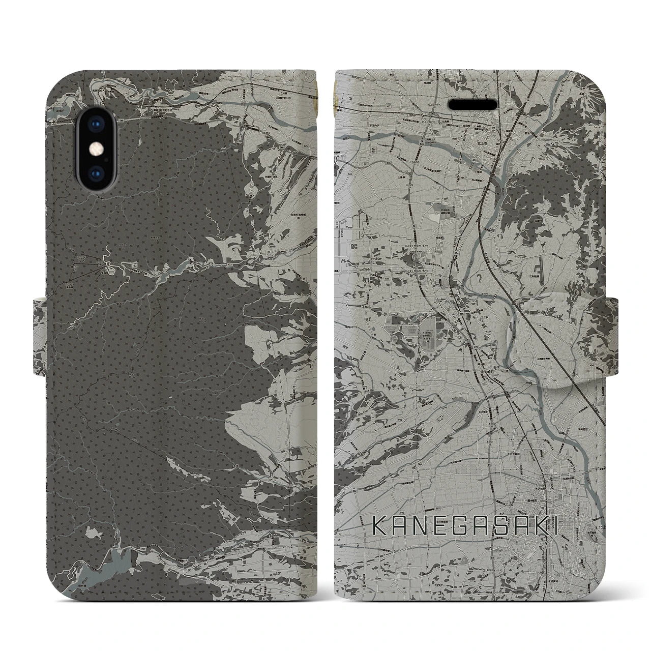 【金ケ崎(岩手県)】地図柄iPhoneケース(手帳タイプ)モノトーン・iPhone XS / X 用
