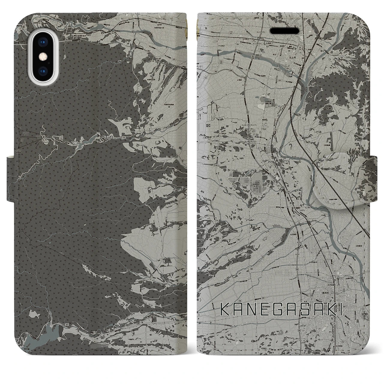 【金ケ崎(岩手県)】地図柄iPhoneケース(手帳タイプ)モノトーン・iPhone XS Max 用