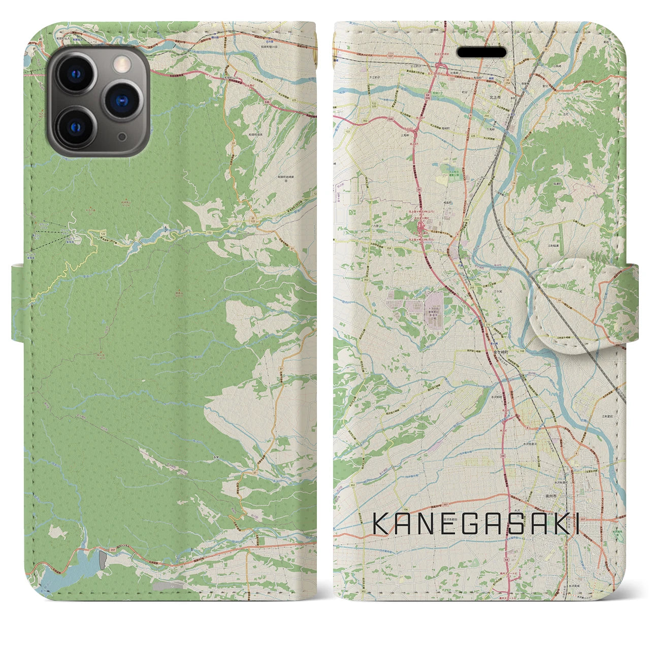 【金ケ崎(岩手県)】地図柄iPhoneケース(手帳タイプ)ナチュラル・iPhone 11 Pro Max 用