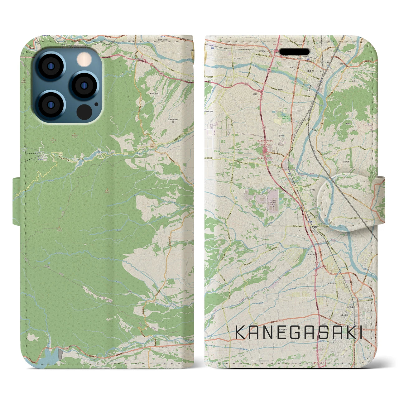【金ケ崎(岩手県)】地図柄iPhoneケース(手帳タイプ)ナチュラル・iPhone 12 / 12 Pro 用