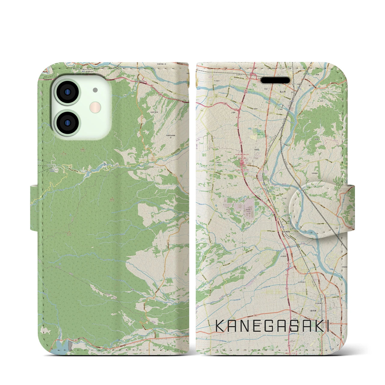 【金ケ崎(岩手県)】地図柄iPhoneケース(手帳タイプ)ナチュラル・iPhone 12 mini 用