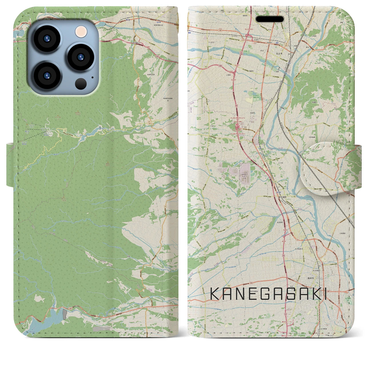 【金ケ崎(岩手県)】地図柄iPhoneケース(手帳タイプ)ナチュラル・iPhone 13 Pro Max 用