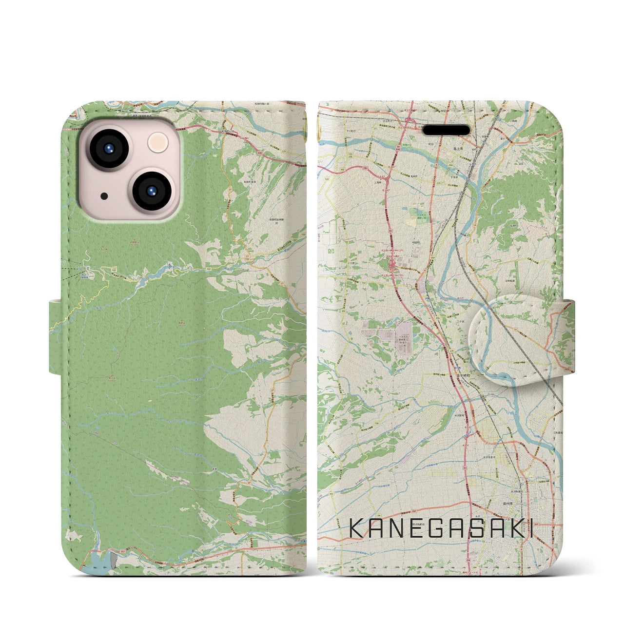 【金ケ崎(岩手県)】地図柄iPhoneケース(手帳タイプ)ナチュラル・iPhone 13 mini 用