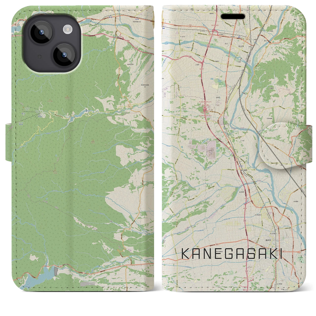 【金ケ崎(岩手県)】地図柄iPhoneケース(手帳タイプ)ナチュラル・iPhone 14 Plus 用