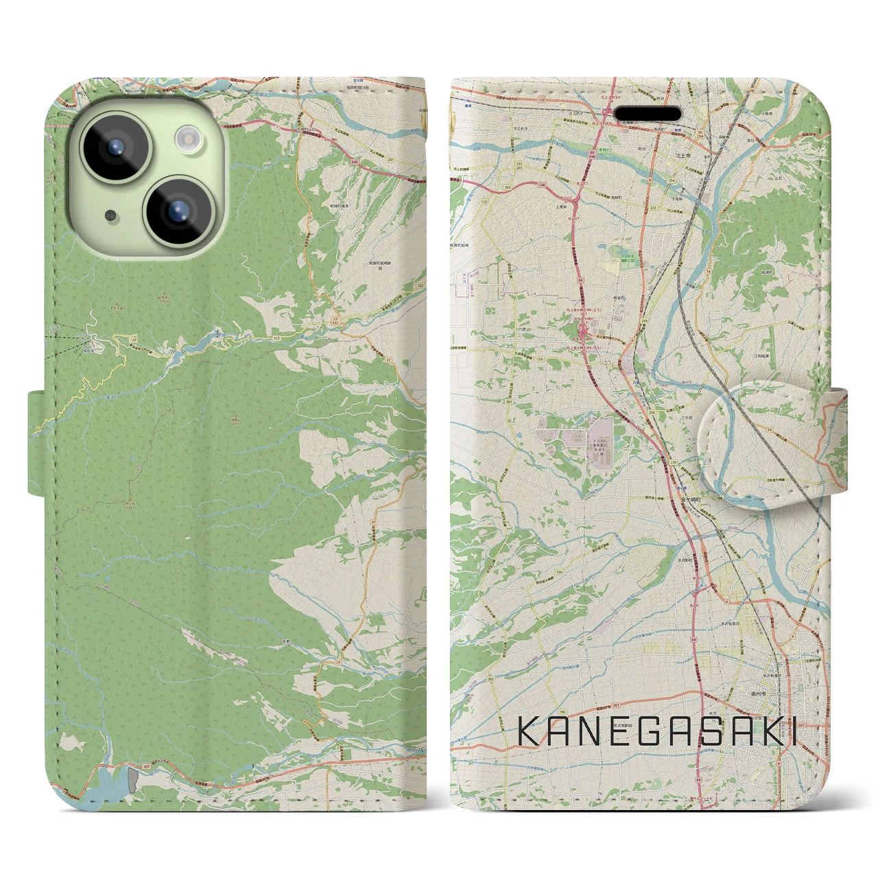 【金ケ崎(岩手県)】地図柄iPhoneケース(手帳タイプ)ナチュラル・iPhone 15 用