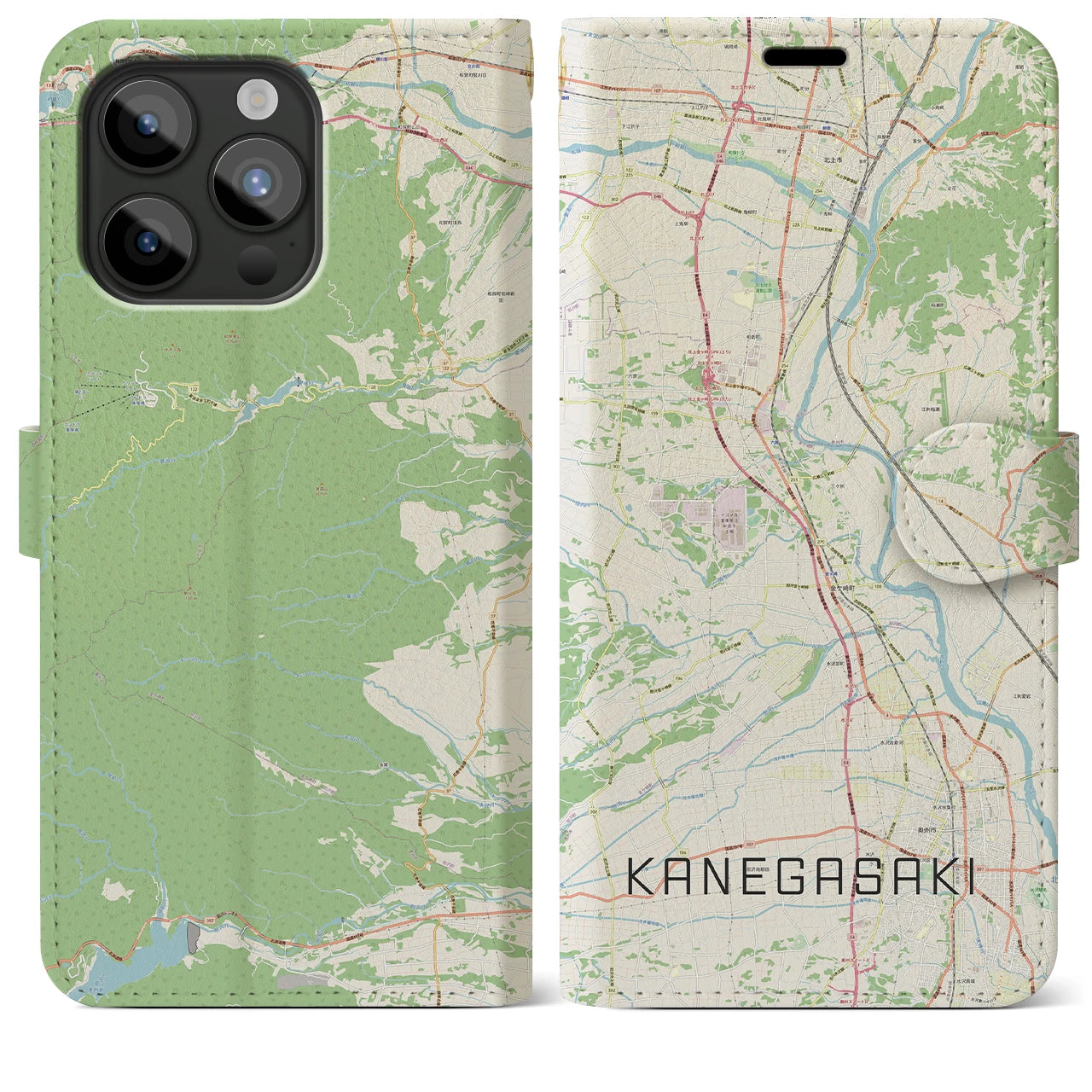 【金ケ崎(岩手県)】地図柄iPhoneケース(手帳タイプ)ナチュラル・iPhone 15 Pro Max 用