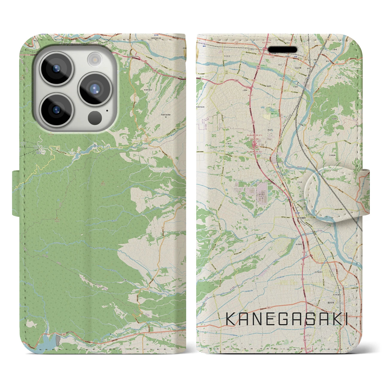 【金ケ崎(岩手県)】地図柄iPhoneケース(手帳タイプ)ナチュラル・iPhone 15 Pro 用