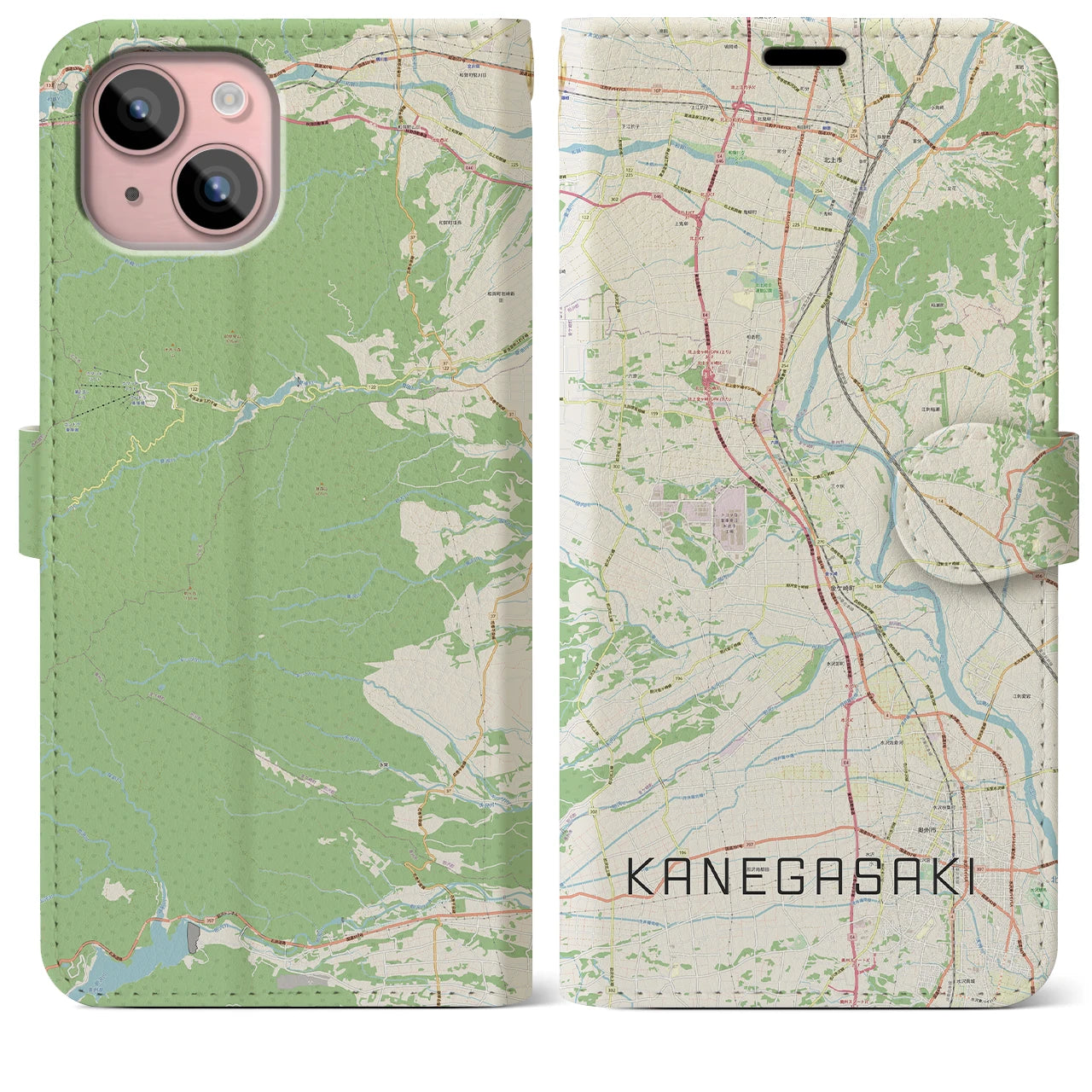 【金ケ崎(岩手県)】地図柄iPhoneケース(手帳タイプ)ナチュラル・iPhone 15 Plus 用