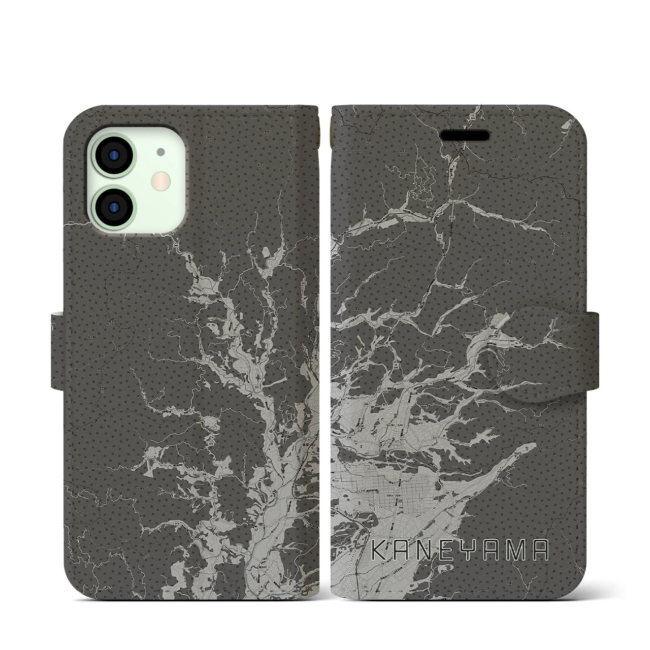 【金山(山形県)】地図柄iPhoneケース(手帳タイプ)モノトーン・iPhone 12 mini 用