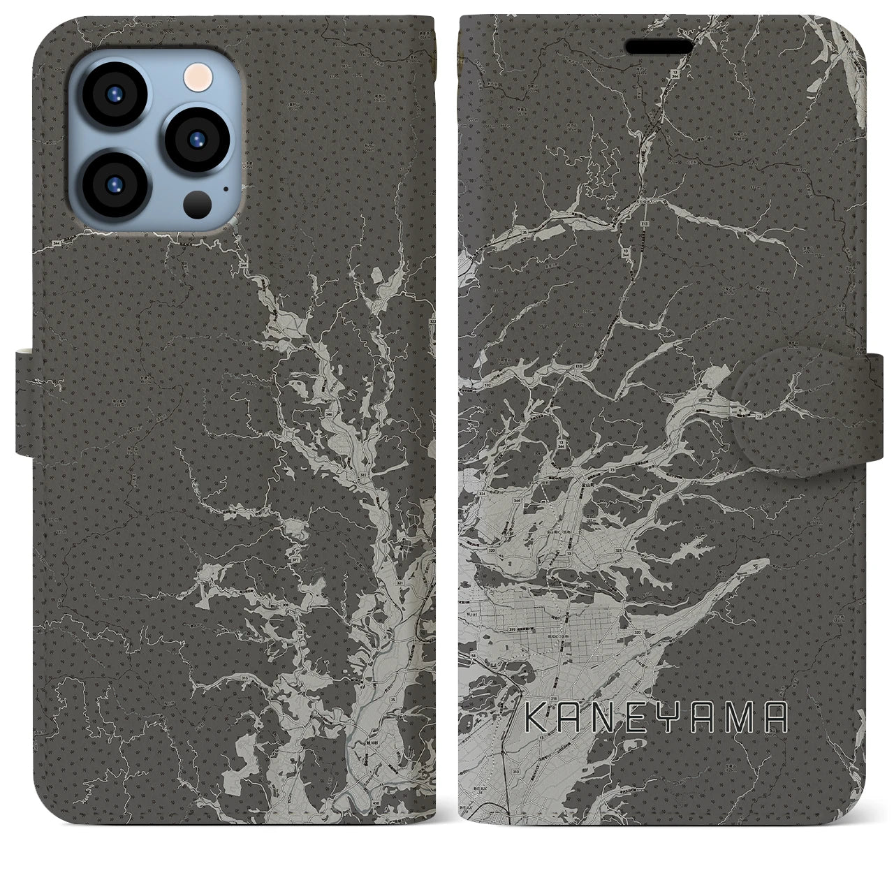 【金山(山形県)】地図柄iPhoneケース(手帳タイプ)モノトーン・iPhone 13 Pro Max 用
