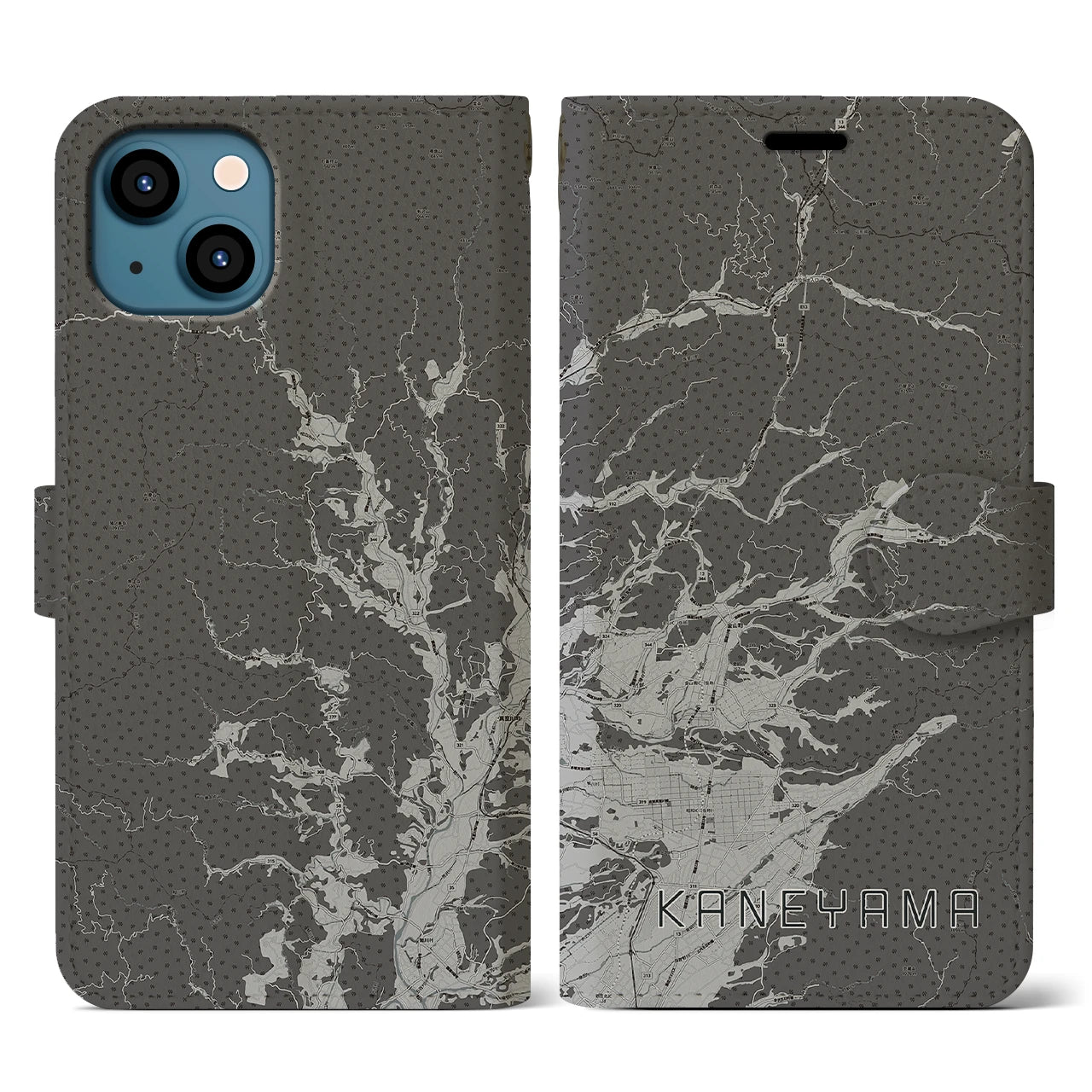 【金山(山形県)】地図柄iPhoneケース(手帳タイプ)モノトーン・iPhone 13 用