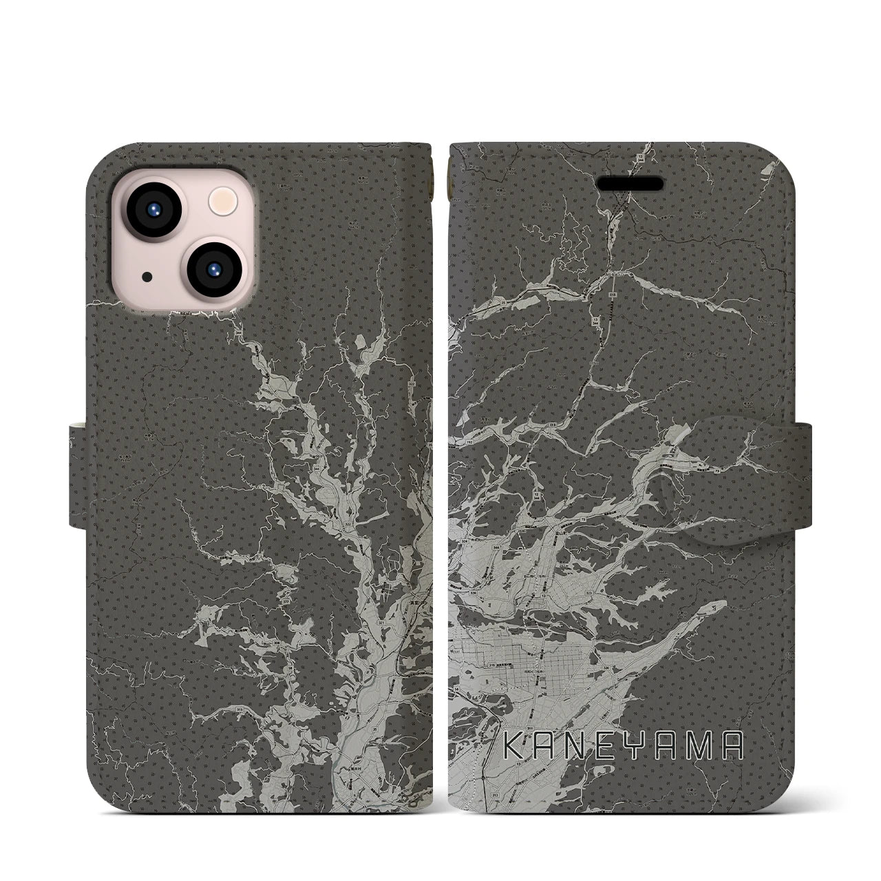 【金山(山形県)】地図柄iPhoneケース(手帳タイプ)モノトーン・iPhone 13 mini 用