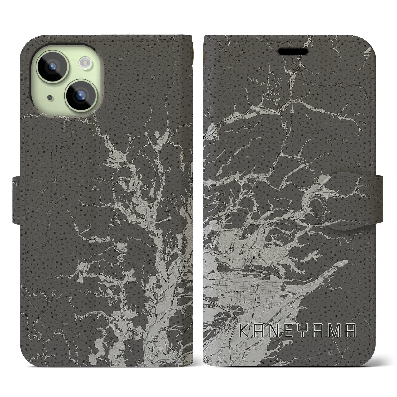 【金山(山形県)】地図柄iPhoneケース(手帳タイプ)モノトーン・iPhone 15 用