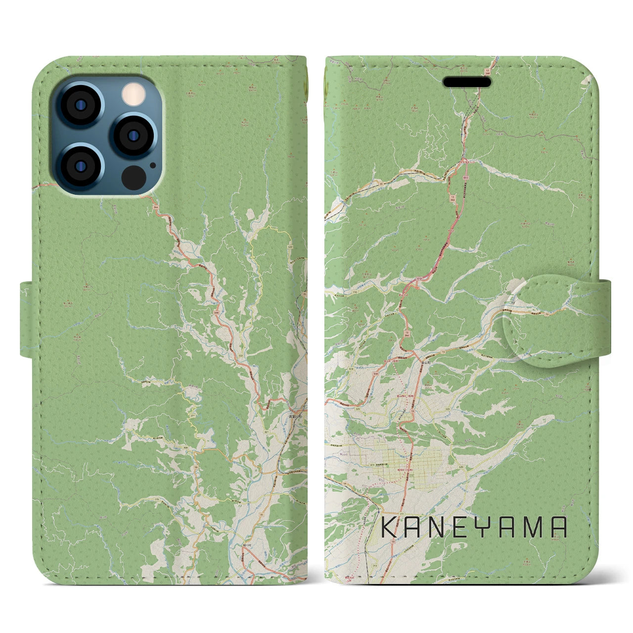【金山(山形県)】地図柄iPhoneケース(手帳タイプ)ナチュラル・iPhone 12 / 12 Pro 用
