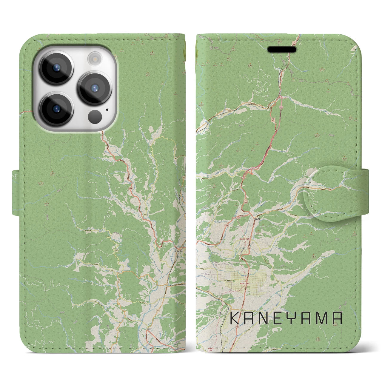 【金山(山形県)】地図柄iPhoneケース(手帳タイプ)ナチュラル・iPhone 14 Pro 用
