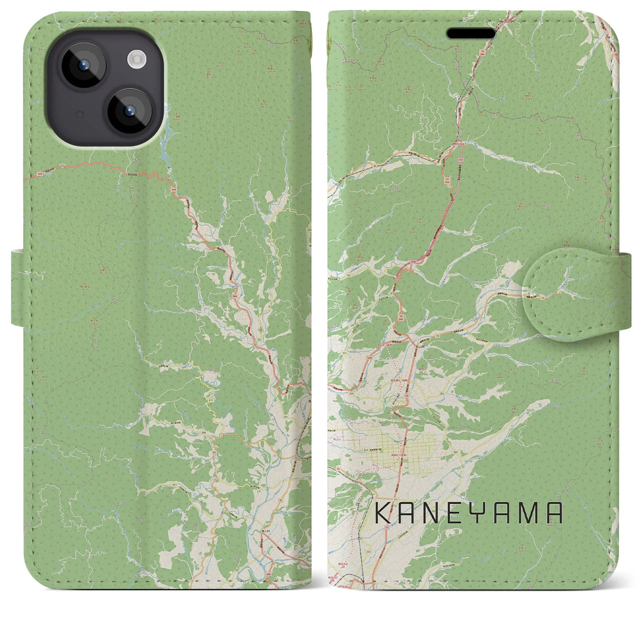 【金山(山形県)】地図柄iPhoneケース(手帳タイプ)ナチュラル・iPhone 14 Plus 用