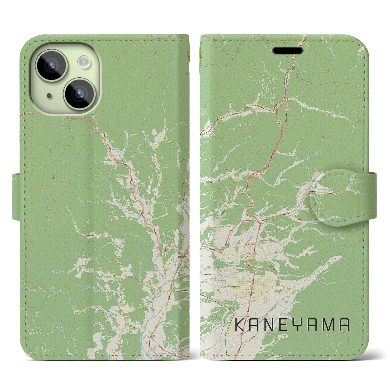 【金山(山形県)】地図柄iPhoneケース(手帳タイプ)ナチュラル・iPhone 15 用