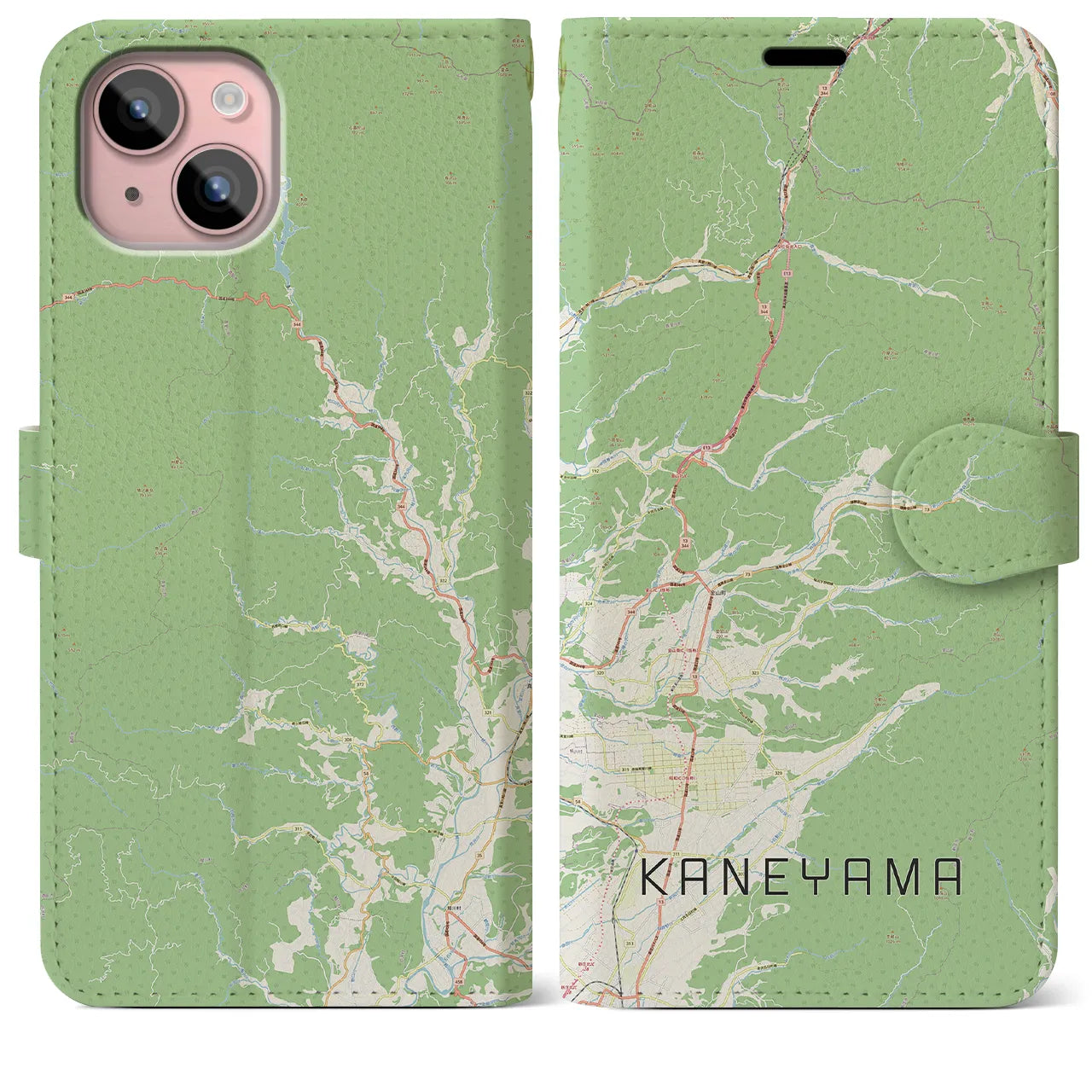 【金山(山形県)】地図柄iPhoneケース(手帳タイプ)ナチュラル・iPhone 15 Plus 用