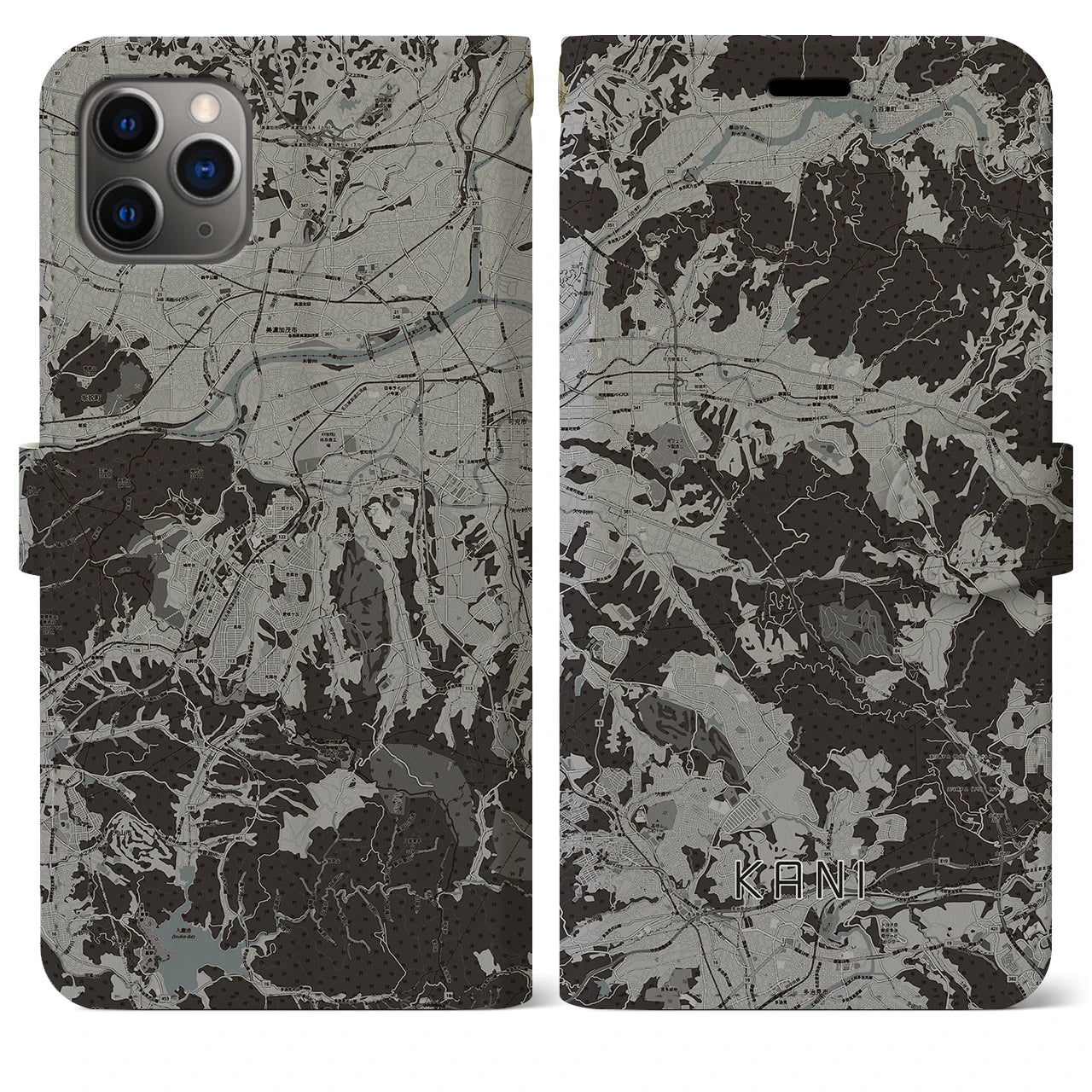 【可児(岐阜県)】地図柄iPhoneケース(手帳タイプ)モノトーン・iPhone 11 Pro Max 用