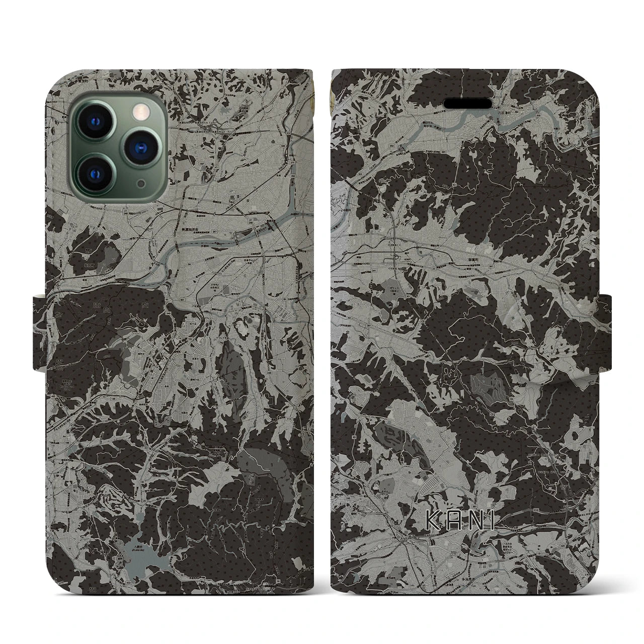 【可児(岐阜県)】地図柄iPhoneケース(手帳タイプ)モノトーン・iPhone 11 Pro 用