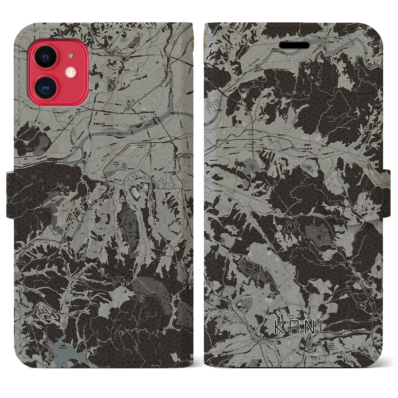 【可児(岐阜県)】地図柄iPhoneケース(手帳タイプ)モノトーン・iPhone 11 用