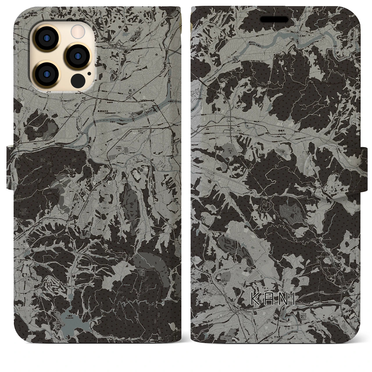 【可児(岐阜県)】地図柄iPhoneケース(手帳タイプ)モノトーン・iPhone 12 Pro Max 用