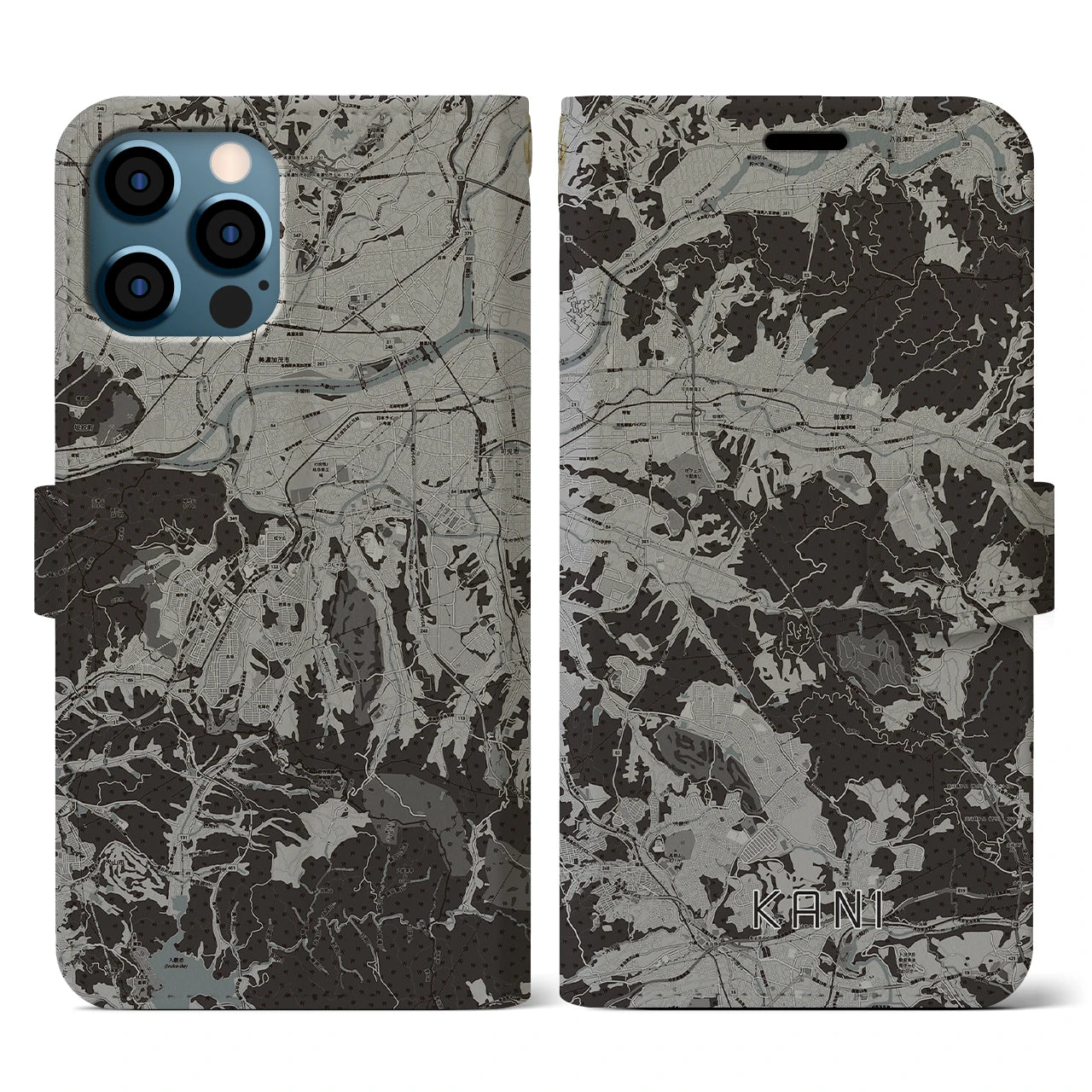 【可児(岐阜県)】地図柄iPhoneケース(手帳タイプ)モノトーン・iPhone 12 / 12 Pro 用