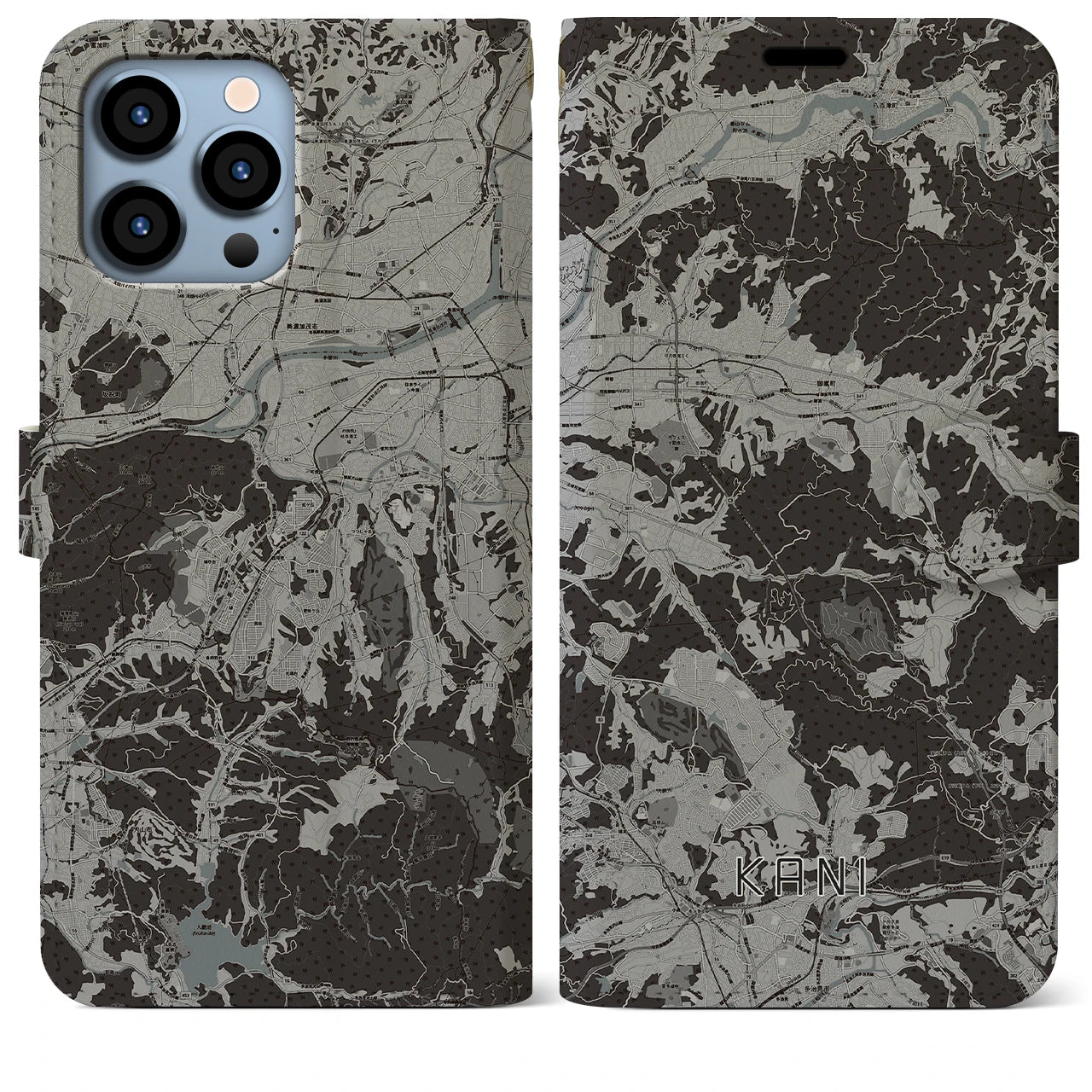 【可児(岐阜県)】地図柄iPhoneケース(手帳タイプ)モノトーン・iPhone 13 Pro Max 用