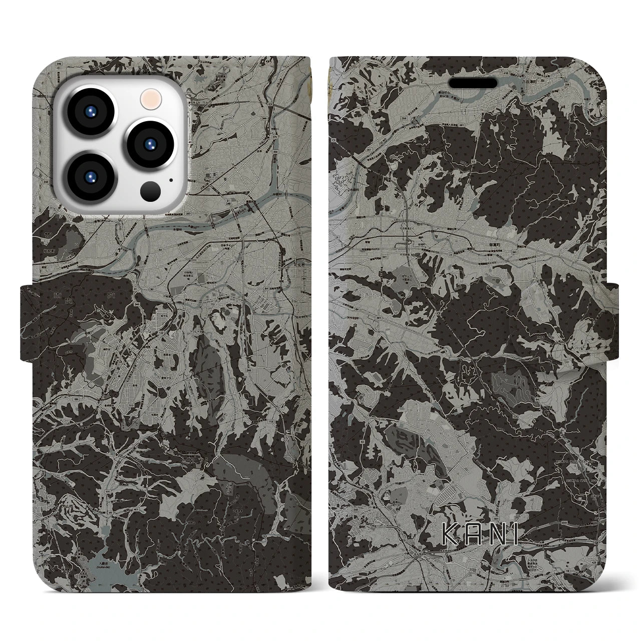 【可児(岐阜県)】地図柄iPhoneケース(手帳タイプ)モノトーン・iPhone 13 Pro 用