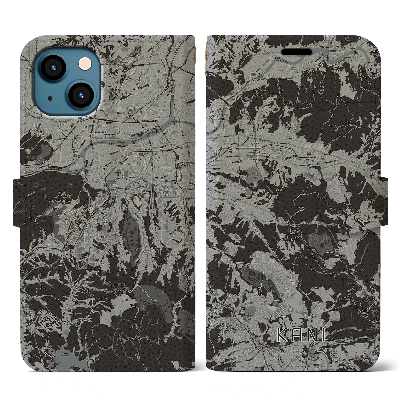【可児(岐阜県)】地図柄iPhoneケース(手帳タイプ)モノトーン・iPhone 13 用