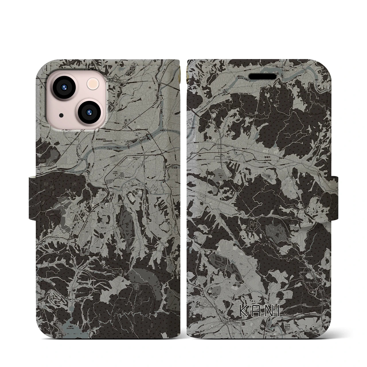 【可児(岐阜県)】地図柄iPhoneケース(手帳タイプ)モノトーン・iPhone 13 mini 用