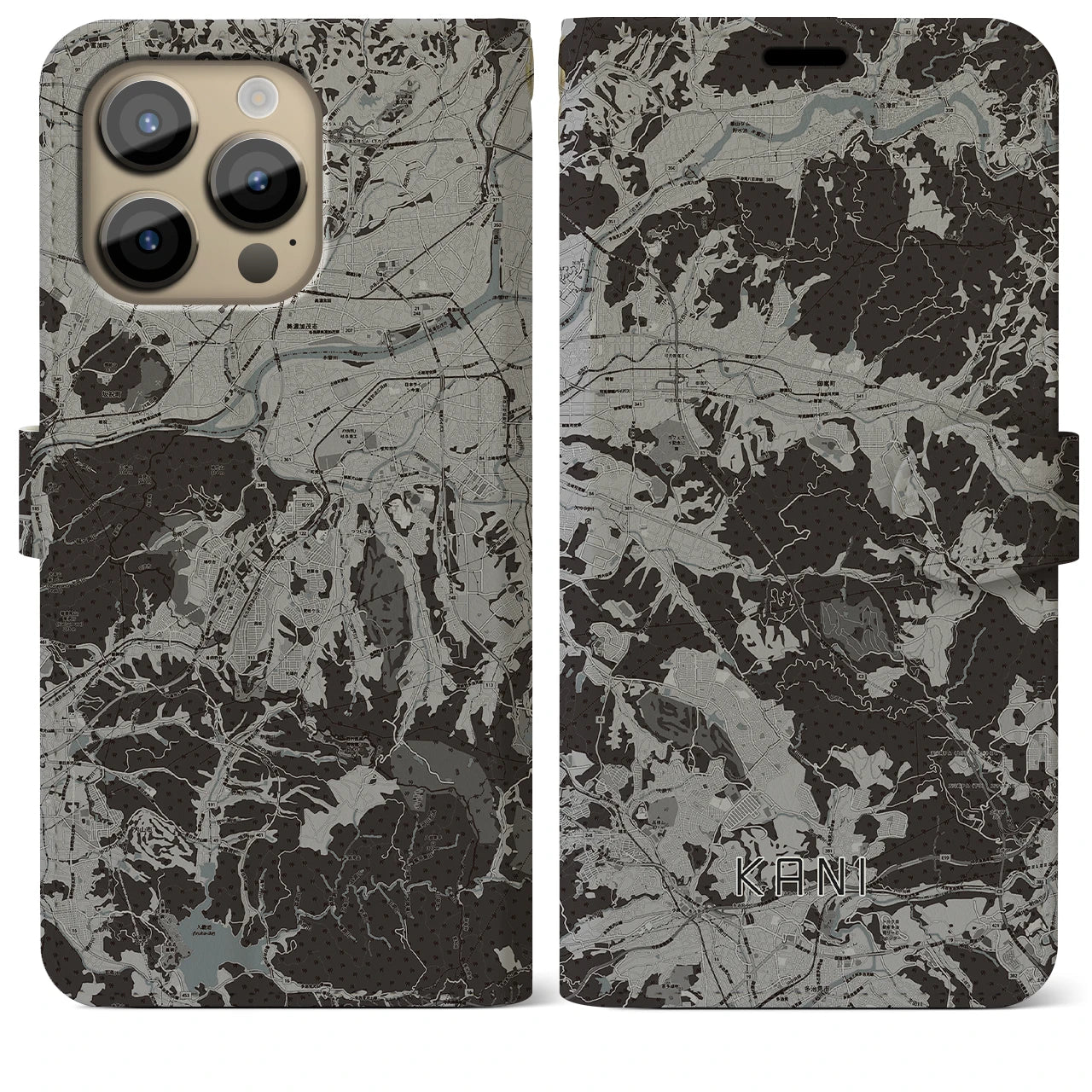 【可児(岐阜県)】地図柄iPhoneケース(手帳タイプ)モノトーン・iPhone 14 Pro Max 用