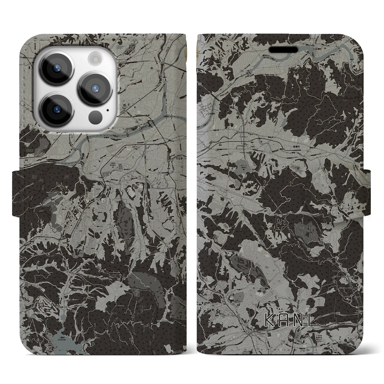 【可児(岐阜県)】地図柄iPhoneケース(手帳タイプ)モノトーン・iPhone 14 Pro 用