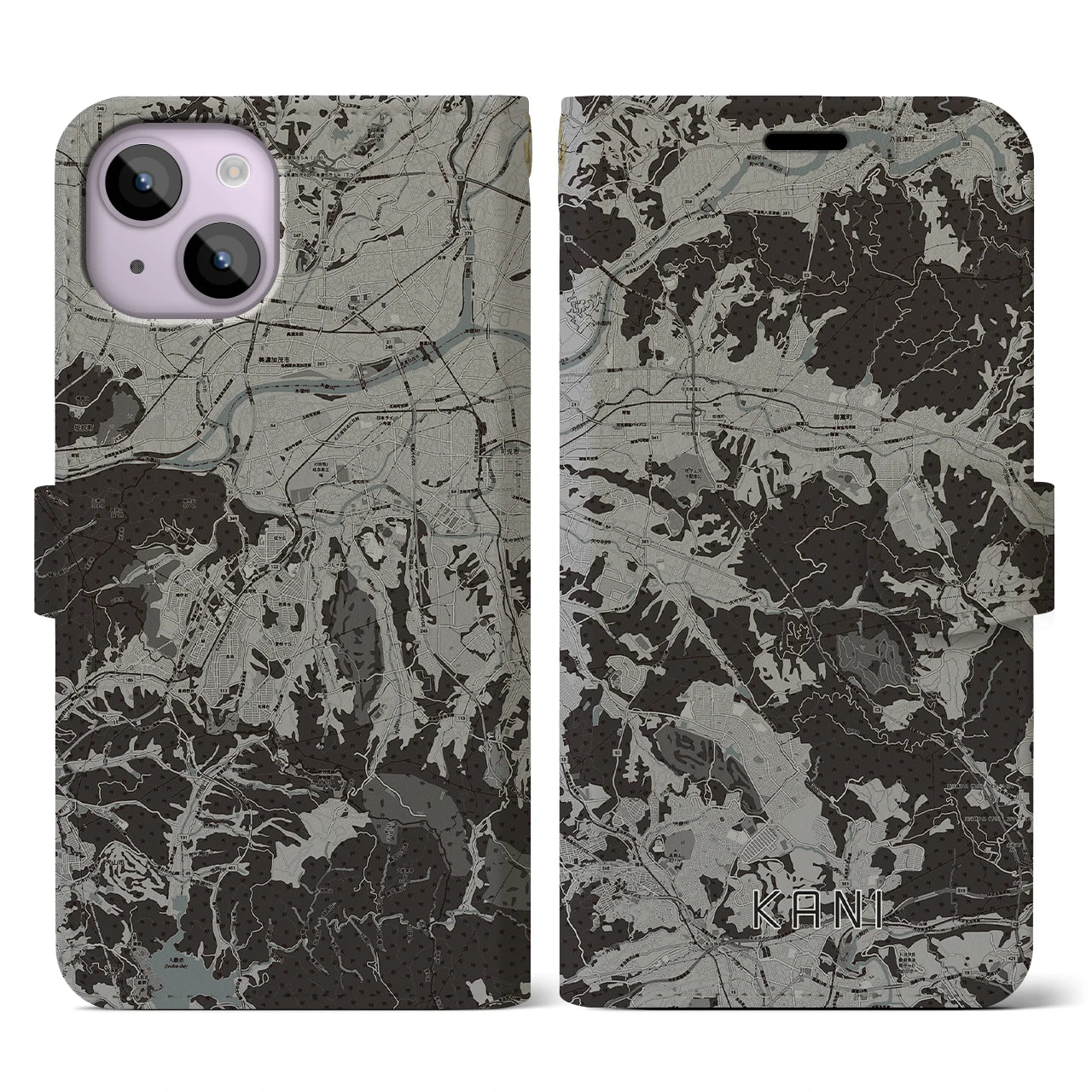 【可児(岐阜県)】地図柄iPhoneケース(手帳タイプ)モノトーン・iPhone 14 用