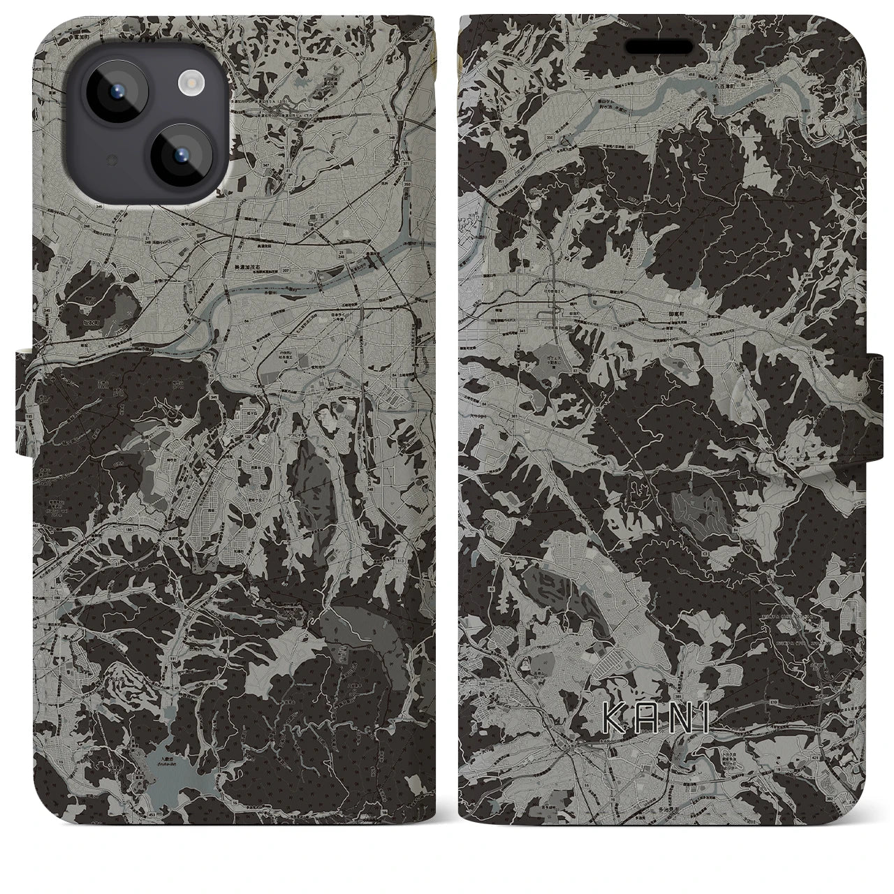 【可児(岐阜県)】地図柄iPhoneケース(手帳タイプ)モノトーン・iPhone 14 Plus 用