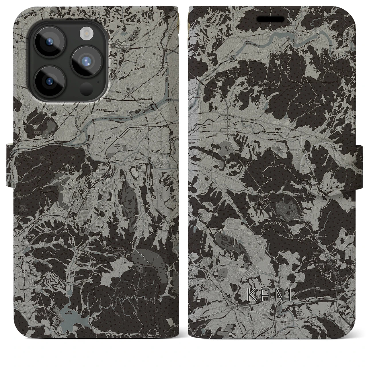 【可児(岐阜県)】地図柄iPhoneケース(手帳タイプ)モノトーン・iPhone 15 Pro Max 用