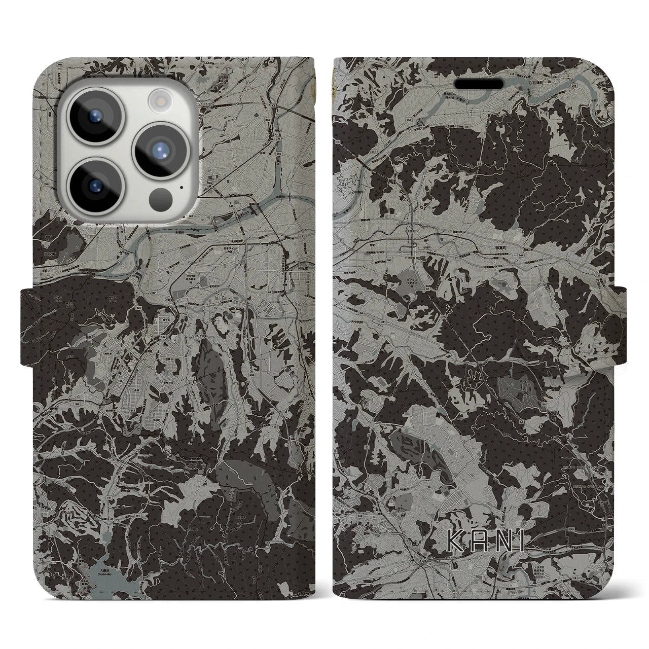 【可児(岐阜県)】地図柄iPhoneケース(手帳タイプ)モノトーン・iPhone 15 Pro 用