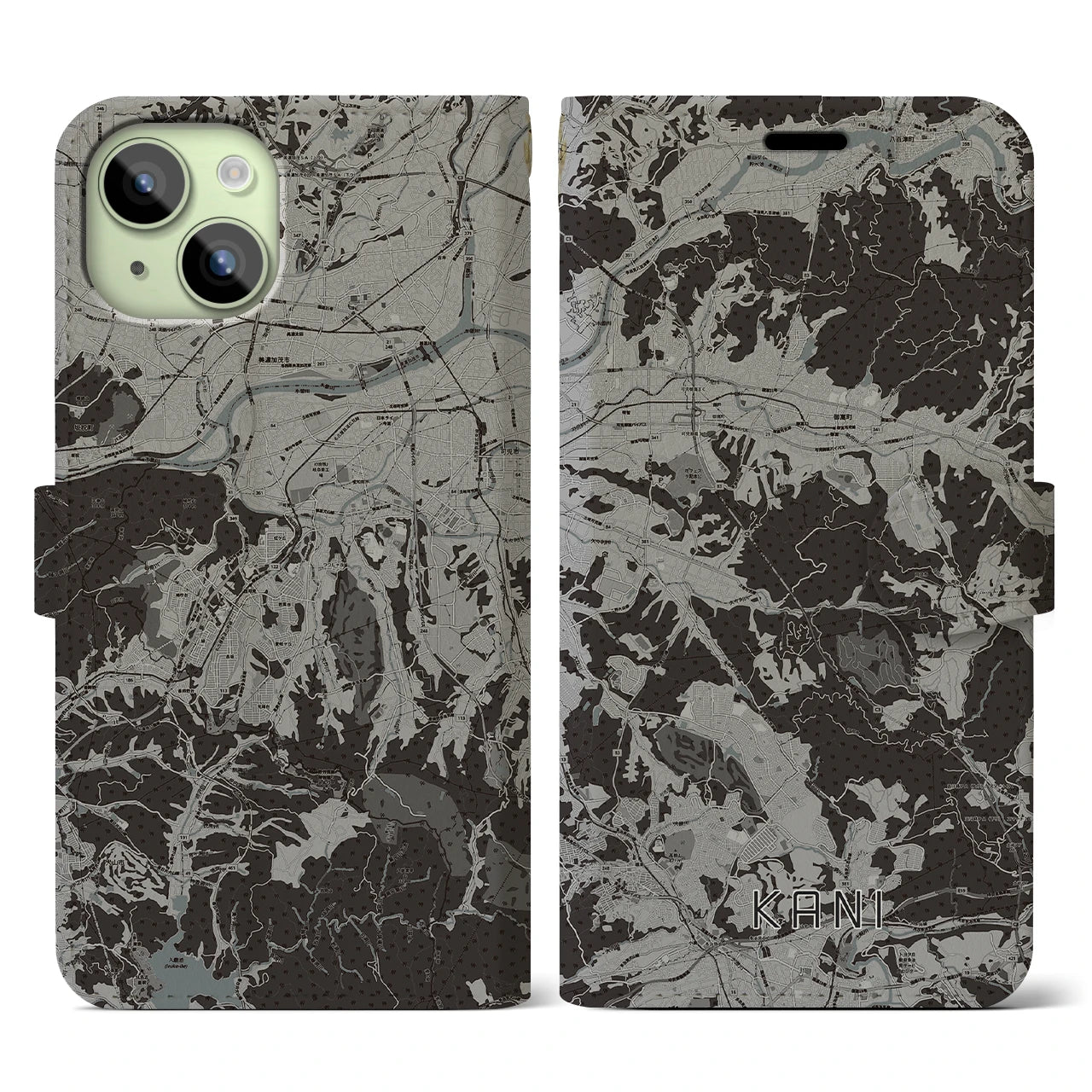 【可児(岐阜県)】地図柄iPhoneケース(手帳タイプ)モノトーン・iPhone 15 用