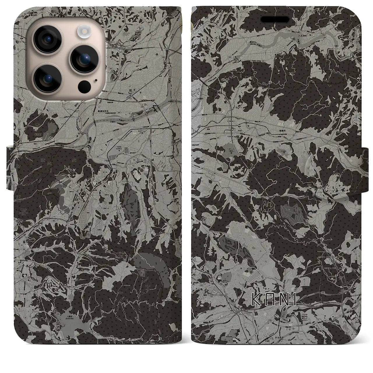 【可児(岐阜県)】地図柄iPhoneケース(手帳タイプ)モノトーン・iPhone 16 Plus 用