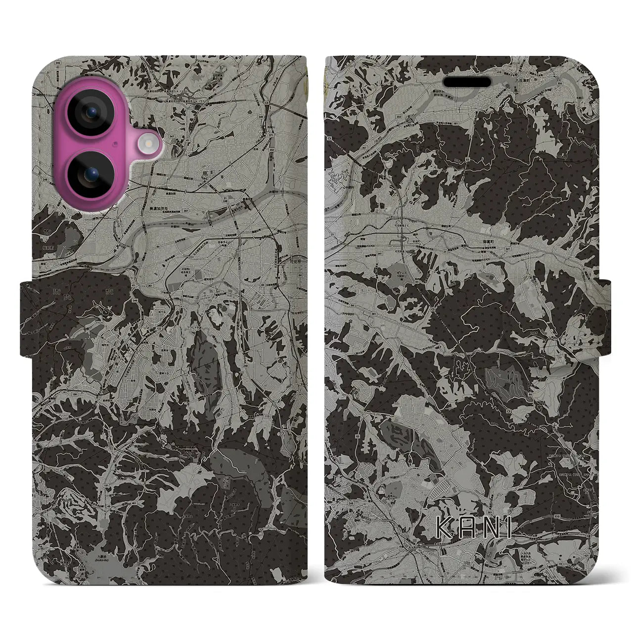 【可児(岐阜県)】地図柄iPhoneケース(手帳タイプ)モノトーン・iPhone 16 Pro 用