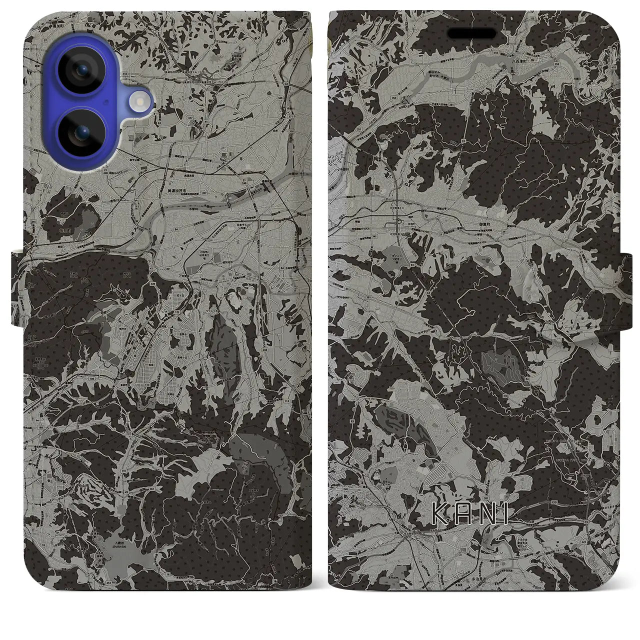 【可児(岐阜県)】地図柄iPhoneケース(手帳タイプ)モノトーン・iPhone 16 Pro Max 用