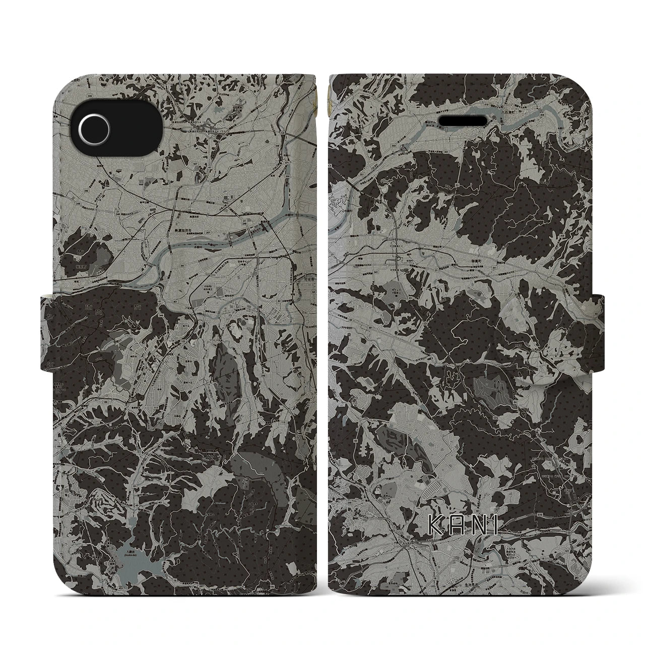 【可児(岐阜県)】地図柄iPhoneケース(手帳タイプ)モノトーン・iPhone SE(第3 / 第2世代) / 8 / 7 / 6s / 6 用