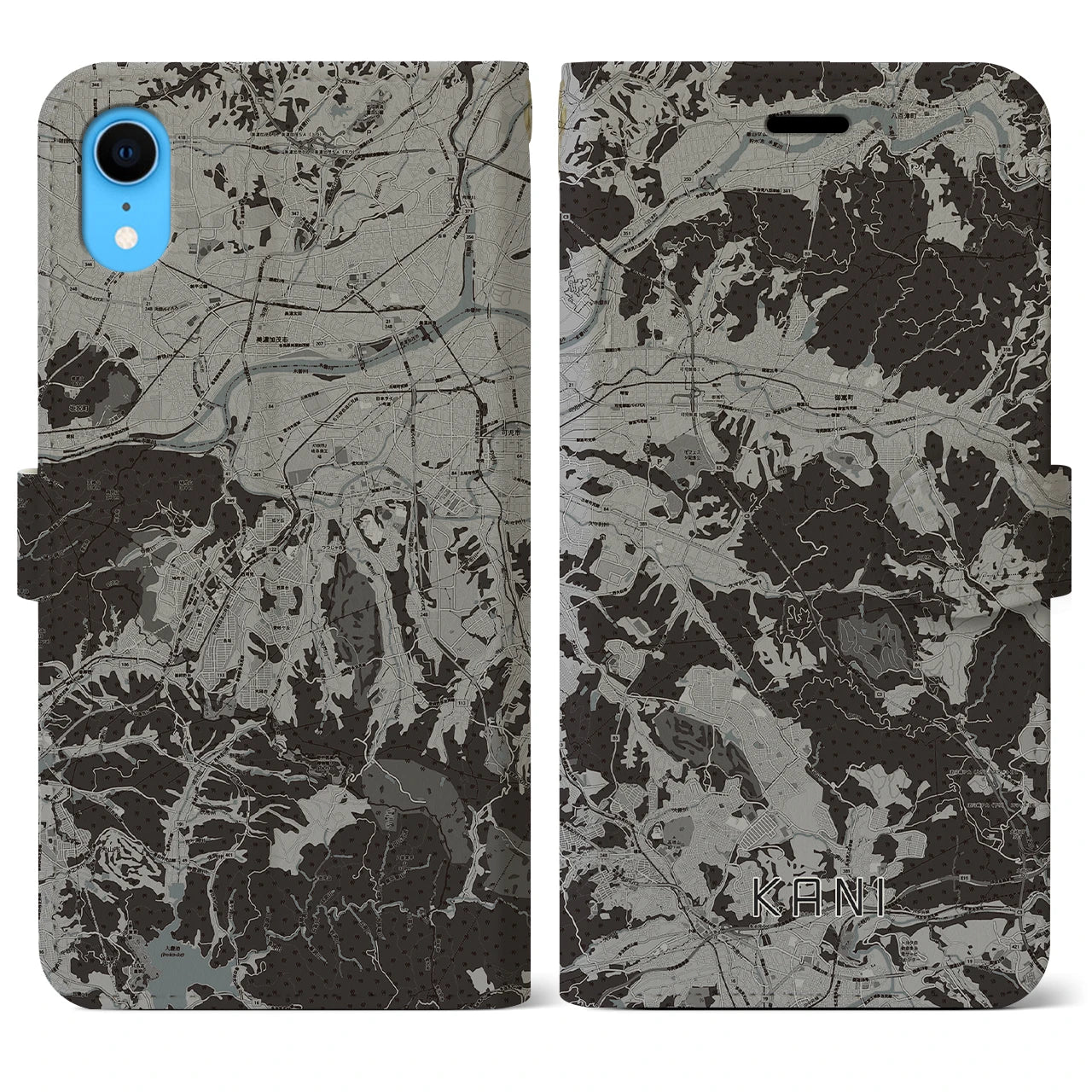 【可児(岐阜県)】地図柄iPhoneケース(手帳タイプ)モノトーン・iPhone XR 用