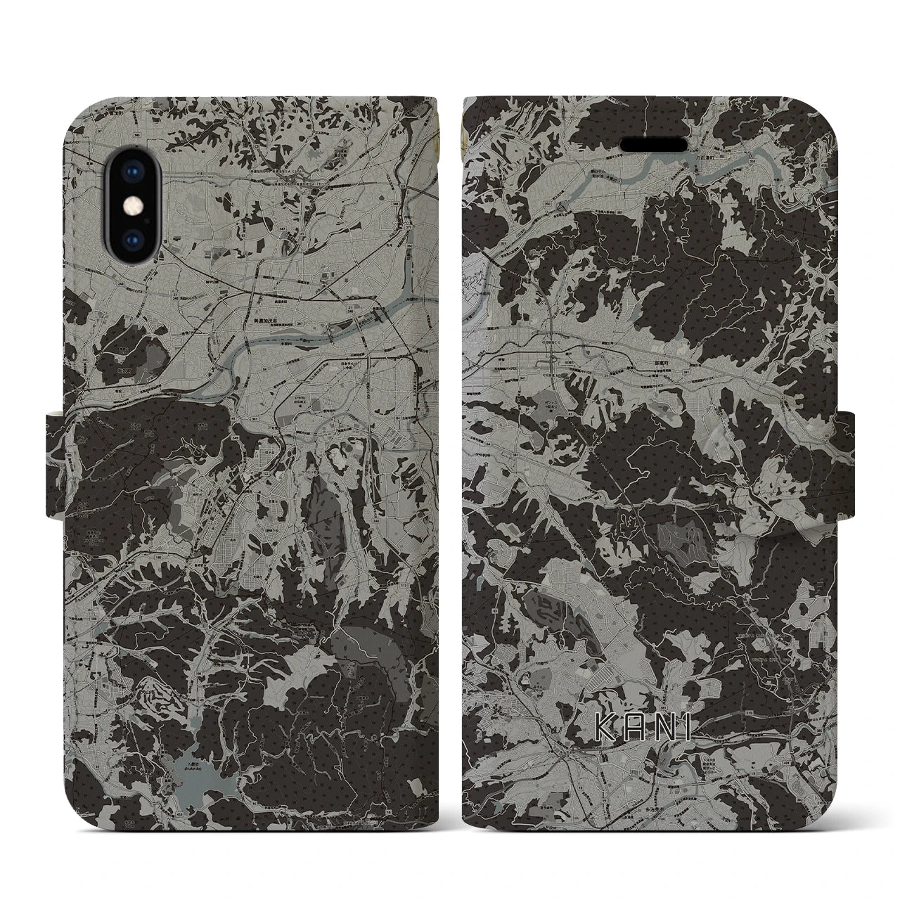 【可児(岐阜県)】地図柄iPhoneケース(手帳タイプ)モノトーン・iPhone XS / X 用
