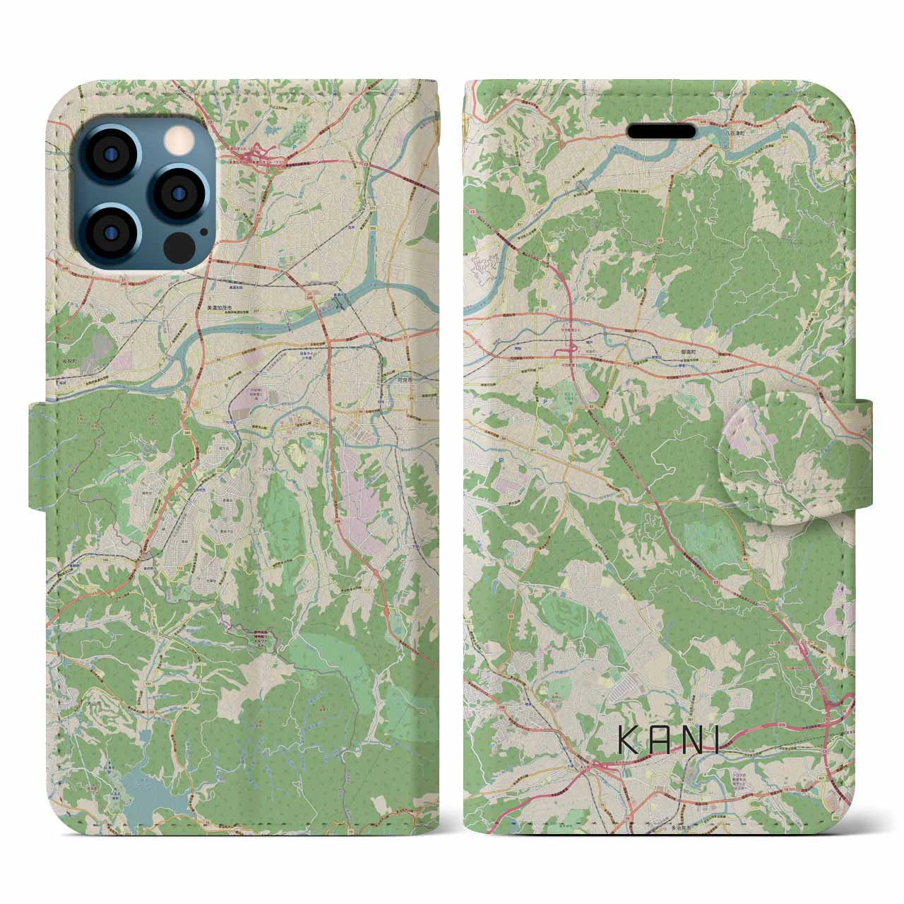 【可児(岐阜県)】地図柄iPhoneケース(手帳タイプ)ナチュラル・iPhone 12 / 12 Pro 用