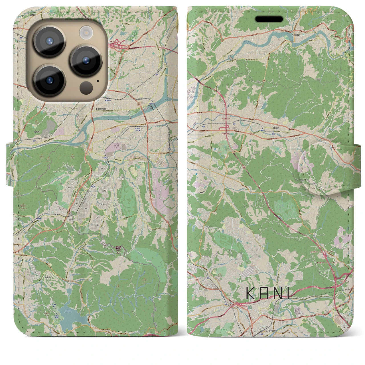 【可児(岐阜県)】地図柄iPhoneケース(手帳タイプ)ナチュラル・iPhone 14 Pro Max 用